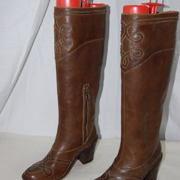 37/US7❤️ FIORENTINI+BAKER Brown Leather Over Knee High Heels Tall Biker BOOTS - Picture 8 of 14